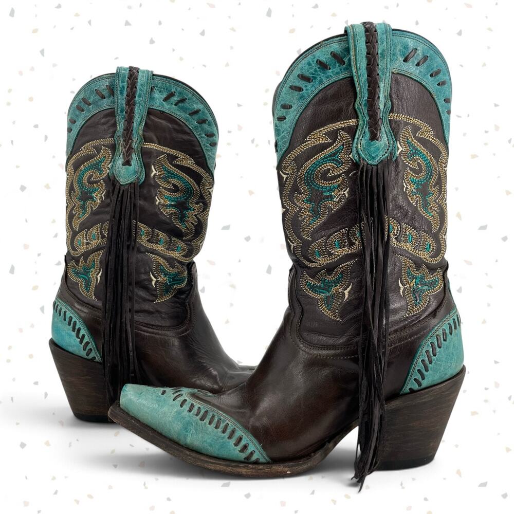 Lucchese Turquoise Fringe Boot Brown Leather Western Cowboy Rodeo M5022 Size 6.5